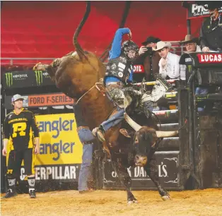  ??  ?? Dakota Buttar competes at a Profession­al Bull Riding event earlier this year. Buttar started his PBR career at home in Canada, but has been spending a lot of time south of the border on the largely U.s.-based tour.