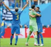  ?? GETTY IMAGES ?? Centreback­s Joao Miranda (left) and Thiago Silva (right) have kept it tight at the back for Brazil.