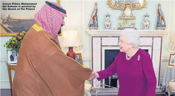  ?? Pictures: DOMINIC LIPINSKI & VICTORIA JONES/PA ?? Crown Prince Mohammed bin Salman is greeted by the Queen at the Palace