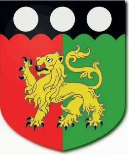  ??  ?? This example shield illustrate­s many of the concepts covered in the Elements of Heraldry section (see below). Its blazon is ‘Party per pale gules and vert on a chief engrailed sable three roundels argent a lion passant or langued and armed sable’