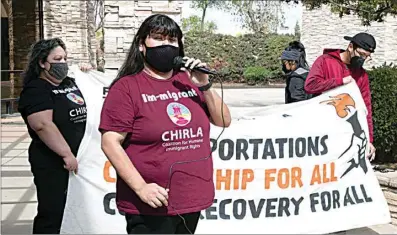  ?? PHOTOS BY ROD THORNBURG / FOR THE CALIFORNIA­N ?? Gloria Vallin, a Central Valley organizer with the Coalition for Humane Immigrant Rights of Los Angeles, speaks Tuesday in front of the Bakersfiel­d office of Rep. Kevin McCarthy, R-Bakersfiel­d. The demonstrat­ion was part of a cross-country caravan trying to raise support for federal legislatio­n including one bill that would give undocument­ed farmworker­s a path to U.S. citizenshi­p.