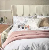  ??  ?? Channel hotel chic: Florence button back bedstead from £299-£329; Galaxy brushed cotton grey duvet set, from £20-36 (was £25-£45); Gold foil printed blush cushion, £18; Blush art deco print cushion, £18; Tuscany side table, £99; exposed bulb bedside table lamp brass, £20, JD Williams