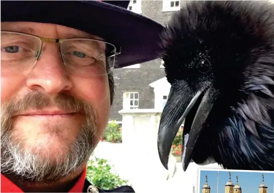  ??  ?? Ruling the roost: Merlina with Beefeater Chris Skaife, the Ravenmaste­r at the Tower, right