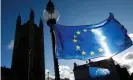  ??  ?? An EU flag attached to a street light near the Houses of Parliament in London. Photograph: Daniel Leal-Olivas/AFP/Getty Images