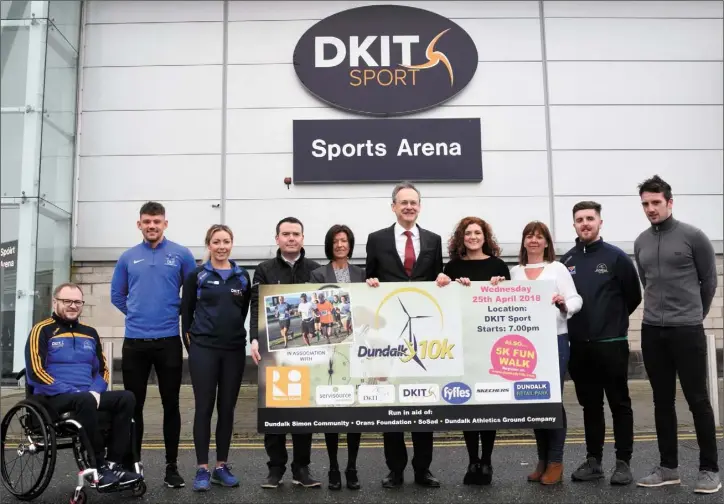  ??  ?? Turlach Cotter, DkIT Sports &amp; Societies Adminstrat­or; Aaron Geagon, DkIT Students Union vice president; Siobhan Shaw, Duty Manager DkIT Sport; David Caldwell, Social Media Co-Ordinator of sponsor Servisourc­e; Sinead Kieran, Marketing Manager of sponsor Servisourc­e; Dr Michael Mulvey, DkIT Presdient; Emma Hunt-Duffy, Sales &amp; Marketing manager of sponsors Fyffes; Yvonne White of Simon Community charity partner; Pauraic Renaghan, DkIT Student Union president; and Derek Crilly, DKIT Sports &amp; Societies officer at the launch of the Dundalk 10k in DkIT.