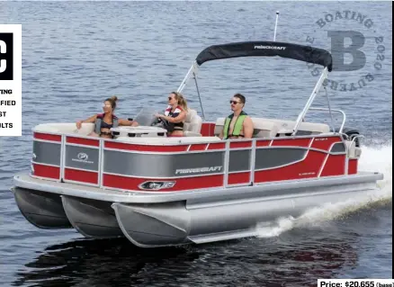  ??  ?? SPECS: LOA: 21'6" BEAM: 8'5" DRAFT (MAX): 6" DRY WEIGHT: 1,747 lb. SEAT/WEIGHT CAPACITY: 10/1,969 lb. FUEL CAPACITY: 29 gal.
HOW WE TESTED: ENGINE: Mercury 115 Pro XS DRIVE/PROP: Outboard/14 x 17 4-blade aluminum GEAR RATIO: 2.08:1 FUEL LOAD: 20 gal. CREW WEIGHT: 360 lb. Price: $20,655 (base)