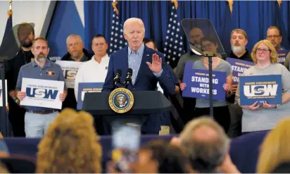  ?? AFP-Yonhap ?? President Joe Biden speaks to members of the United Steel Workers Union at the United Steel Workers Headquarte­rs in Pittsburgh, Wednesday.