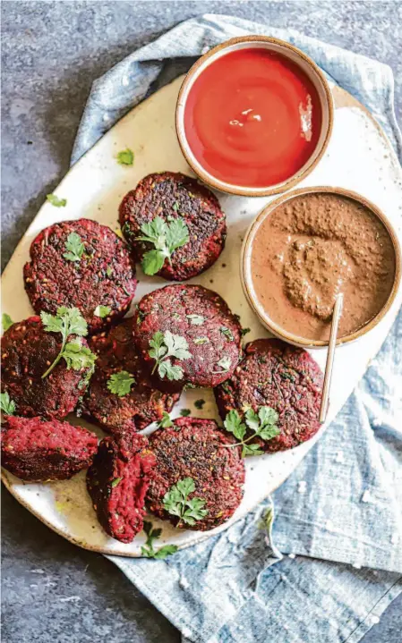  ?? Amisha Gurbani/Special to The Chronicle ?? These tikkis with chutney are an easy and almost entirely waste-free snack that uses beets, plus their greens for a bold chutney.