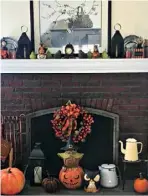  ??  ?? Laura Boissonnau­lt dresses up her living room fireplace from top to bottom, mixing in cute folk-art owl figures, pumpkins and a bright wreath with everyday favorites, including enamel coffeepots and lanterns. “I always incorporat­e owls into my autumn motif; there is just something really striking about them,” she says.