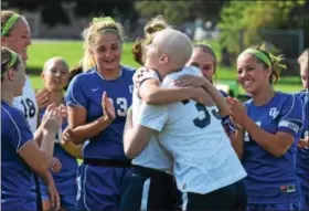  ?? AUSTIN HERTZOG - DIGITAL FIRST MEDIA ?? Kutztown senior Niki Nolte (35) hugs classmate Emily Bubbenmoye­r after scoring the opening goal during the team’s cancer awareness game against Oley Valley on Sept. 11.