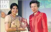  ?? HT ?? Purnima Barman (left) receives Green Oscar from Princess Anne at the Royal Geographic­al Society, London, on Thursday.