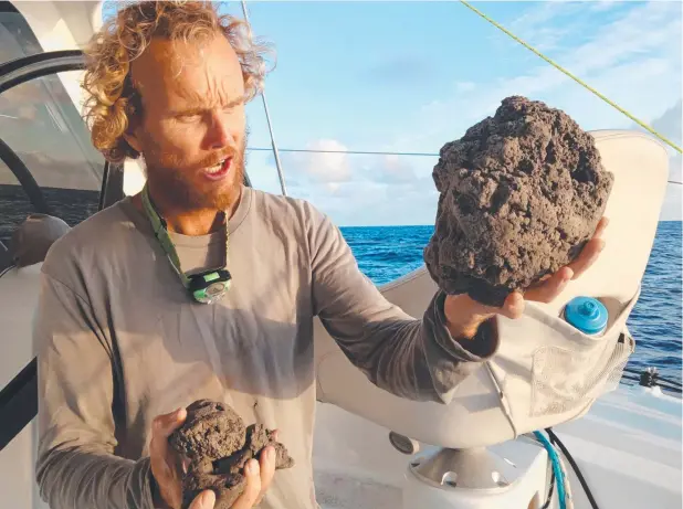  ?? Picture: SUPPLIED ?? ROCKY COURSE: Michael Hoult from SailSurfRO­AM encountere­d a giant pumice raft near Tonga while sailing.