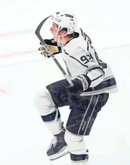  ?? MICHAEL DWYER/AP ?? The Los Angeles Kings' Brandt Clarke celebrates after scoring in overtime during Saturday's game against the Bruins in Boston.