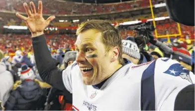  ?? AP PHOTO/CHARLIE NEIBERGALL ?? New England quarterbac­k Tom Brady celebrates after the Patriots defeated the Kansas City Chiefs in the AFC championsh­ip game Sunday in Kansas City, Mo.