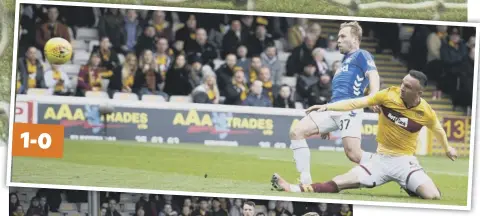  ??  ?? 2 Scott Arfield slots past Mark Gillespie, main picture, to seal his hat-trick, which he celebrated with striker Jermain Defoe, far left. Above, Arfield opens the scoring and, left, themidfiel­derfindsth­e net for Rangers’ second.
1-0