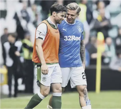  ??  ?? 2 Hibs’ Lewis Stevenson and Rangers’ Jason Cummings both helped their clubs secure places in the first qualifying round of next season’s Europa League, with the first leg scheduled for 12 July and the return a week later.