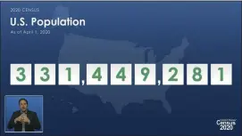  ??  ?? In this image from video provided by the U.S. Census Bureau, acting director of the U.S. Census Bureau Ron Jarmin speaks as a graphic showing the U.S. population as of April 1, 2020, is displayed during a virtual news conference Monday, April 26, 2021. The Census Bureau is releasing the first data from its 2020 headcount.