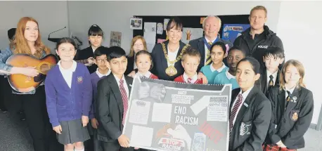  ??  ?? Cultural diversity celebratio­n at Hope Street Xchange, with Sunderland Mayor, Lynda Scanlan, and consort Michael Horswill.