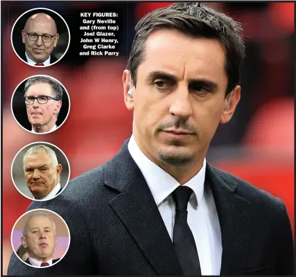  ??  ?? KEY FIGURES: Gary Neville and (from top) Joel Glazer, John W Henry, Greg Clarke and Rick Parry