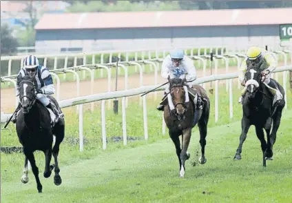  ?? FOTO: LUIS MARI UNCITI ?? ‘Celestins’s’ se impone en la recta final a Ronéo y Rinconeda en el Premio Hipódromo de La Zarzuela