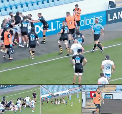  ?? ?? Unsavoury: Clashes in the game with Exeter led to bans for Wasps coaches Scott Barrow (bottom right), who was ‘sent off’, and Pete Atkinson