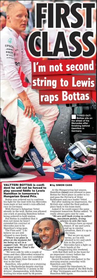  ??  ?? TYRED OUT: Bottas sits on the wheel of his Mercedes after finishing behind Hamilton in Germany