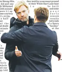  ??  ?? Jurgen Klopp (left) embraces Mauricio Pochettino after the English Premier League football match at Wembley Stadium in London. — AFP photo