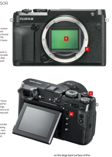  ??  ?? 8 The GFX 50R’s sensor is not the biggest digital medium-format size, but still 67% larger than full-frame. 9 The GF lens mount is a massive 65mm wide – 10mm wider than the Nikon Z mount. 10 This small rear focus lever is also used for menu and settings navigation – there is no separate four-way pad. 11 The front control dial could do with being a little larger – ours also had a little play in its movement.