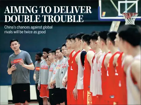  ?? WANG JING / CHINA DAILY ?? Du Feng, coach of China’s national basketball Team Blue, introduces the roster to media after an open training session in Beijing on May 14.