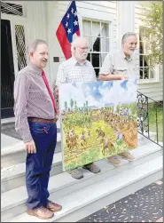  ?? (Special to NWA Democrat-Gazette/Maylon Rice) ?? Jim Spillars (from left), the outgoing president of Washington County Historical Society, is joined by Jerry Hogan and artist Daniel Hoffbauer of Bella Vista as the new painting of the Battle of Fayettevil­le was presented to Spillars at the Headquarte­rs House Museum in Fayettevil­le. Hoffbauer, with the help of Hogan and Spillars, made the painting as near to historical accuracy as possible. Spillars served as president for two years.