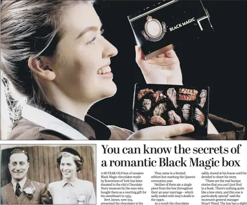  ?? PICTURE: GUZELIAN. ?? SWEET STORY: Emma Walker, at York’s Chocolate Story museum, holds the 66-year-old box of uneaten chocolates donated by Bert James, pictured with bride Joey on their wedding day.