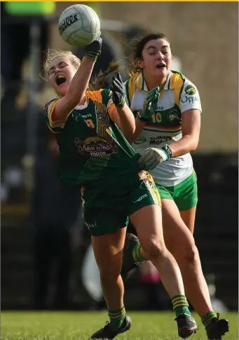  ??  ?? Orla Byrne of Meath feels the full force of a challenge from Offaly’s Katie Kehoe during the Lidl Ladies NFL Division 3 game at Páirc Tailteann. Meath won by 5-17 to 1-6.