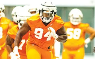  ?? TENNESSEE ATHLETICS PHOTO BY ANDREW FERGUSON ?? Tennessee’s defensive front, which includes veterans such as Matthew Butler, was praised by new head coach Josh Heupel after Saturday’s second scrimmage of the spring.