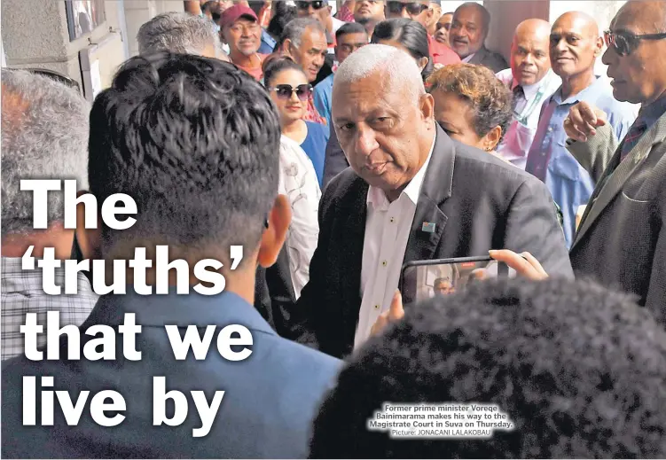  ?? Picture: JONACANI LALAKOBAU ?? Former prime minister Voreqe Bainimaram­a makes his way to the Magistrate Court in Suva on Thursday.