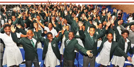  ?? Picture: Cindy Waxa/African News Agency/ANA ?? ON A HIGH: Grade 8 pupils from Cape Town High School in the hall for their first orientatio­n. Schools around the country open today, but hundreds of children in the Western Cape are still waiting to be placed.