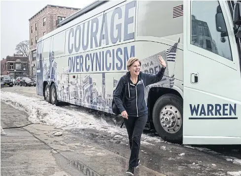  ??  ?? THAT SLIDING FEELING: Senator Elizabeth Warren arrives at an event in Cedar Rapids, Iowa, last weekend. Her campaign has supplement­ed its message with explicit talk about Ms Warren’s identity and path to victory.