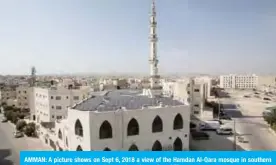  ??  ?? AMMAN: A picture shows on Sept 6, 2018 a view of the Hamdan Al-Qara mosque in southern Amman, equipped with 140 solar panels on its roof. — AFP