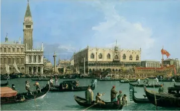  ??  ?? CANALETTO
The Bacino di San Marco On Ascension Day, c 1733-34. Acquired by George III in 1762 Canaletto transports us to one of the liveliest days in the Venetian calendar, the Wedding of the Sea on Ascension Day. The red and gold boat that dominates the right-hand side of the picture carries the Doge, the ducal umbrella and standards showing he is on board.