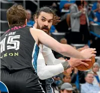  ?? AP ?? Oklahoma City Thunder centre Steven Adams, right, drives against New Zealand Breakers centre Rob Loe yesterday. Inset left, NBA star and Adams’ team-mate Chris Paul.