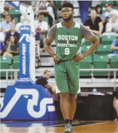  ?? AP PHOTO ?? THAT WAS FAST: Celtics forward Jaylen Brown, shown on the court during Monday’s summer league opener, missed last night’s game because of a knee injury.