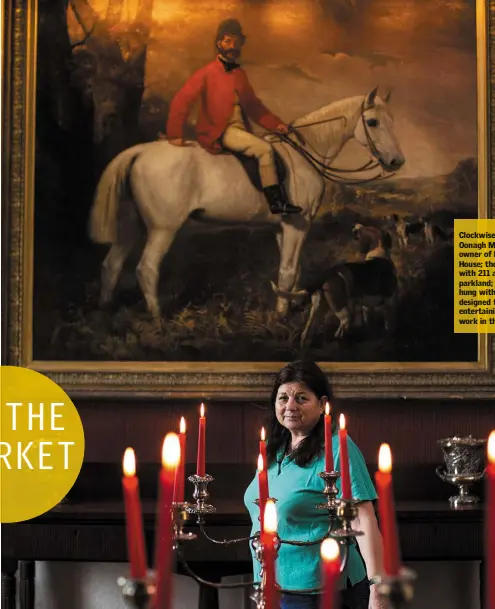 ??  ?? Clockwise from left, Oonagh Mary Hyland, owner of Bermingham House; the property comes with 211 acres of mature parkland; the dining room, hung with portraits, was designed for large-scale entertaini­ng; fine cornicewor­k in the front hallway.