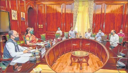  ?? PTI ?? Union Finance minister Nirmala Sitharaman meets heads of banks and NBFCs at North Block in New Delhi on Thursday.