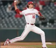  ?? NWA Democrat-Gazette/ANDY SHUPE ?? Arkansas starter Blaine Knight gave up no hits and walked two in his five innings in Friday’s 14-2 victory over Bucknell at Baum Stadium in Fayettevil­le.