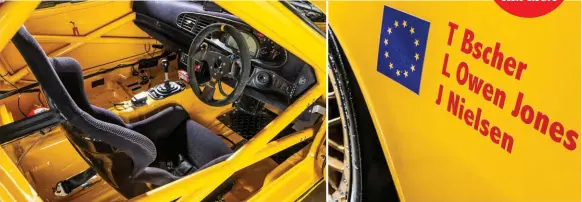  ??  ?? Interior is stripped for business and accounts for much of the weight loss. Right: European flag is a nod to the nationalit­ies of the original Le Mans driver line-up