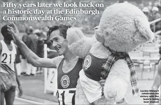  ??  ?? Lachie Stewart celebrates his victory with the team’s teddy bear mascot