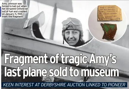  ?? ?? Amy Johnson was forced to bail out when her Airspeed Oxford ran out of fuel and crashed on January 5, 1941. Inset: the fragment