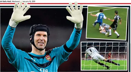  ?? GETTY IMAGES ?? Hero: six years after suffering a horrific head injury in 2006 (top), Cech saved crucial penalties against Bayern Munich in the Champions League final