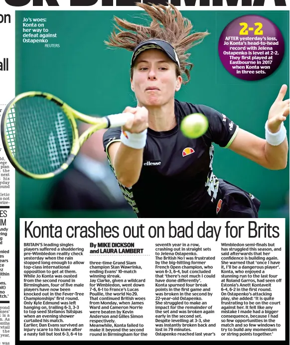 ?? REUTERS ?? Jo’s woes: Konta on her way to defeat against Ostapenko