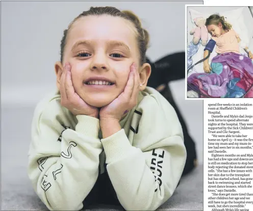  ?? PICTURES: SCOTT MERRYLEES ?? HEALTHY: Myla Mae Hatcher, five, who underwent a stem-cell transplant and, inset, during her treatment.
