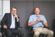  ?? Contribute­d Photo / Jason Reider / UConn Athletics ?? Geno Auriemma, left, and Randy Edsall participat­e in the UConn Coaches Road Show on Wednesday at Hearst Tower in New York City.